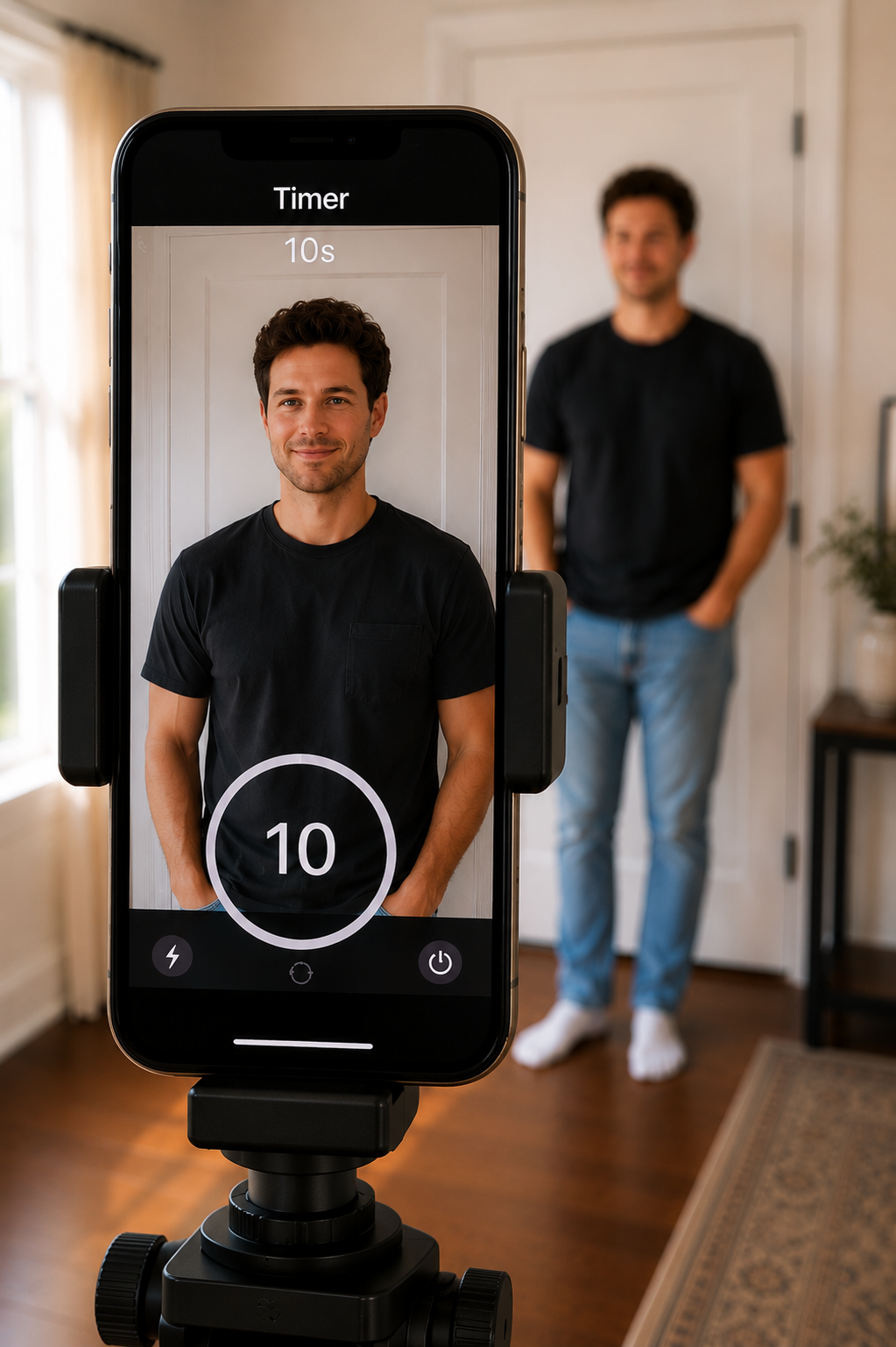 Use a tripod and timer for a passport photo